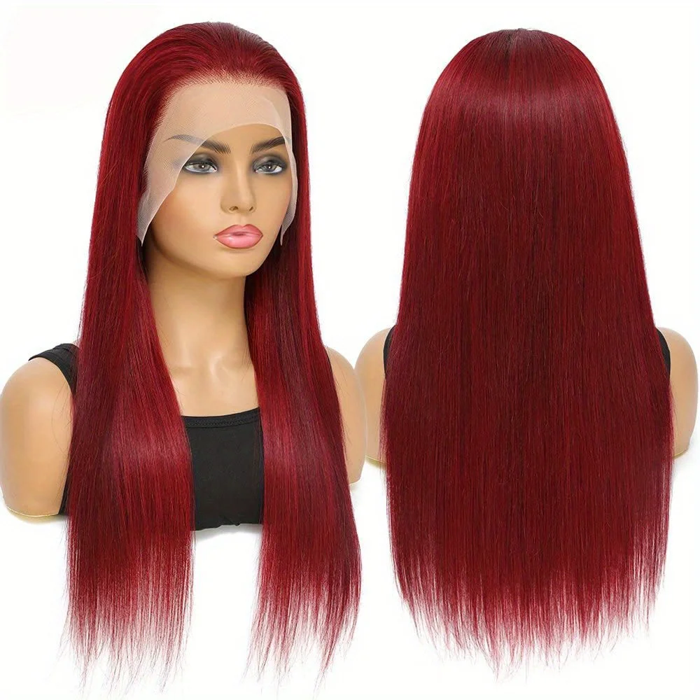 Transparente Lace Frontal Straight cabelo humano perucas, vermelho, Borgonha, colorido, pré arrancado, 13x4, 99J