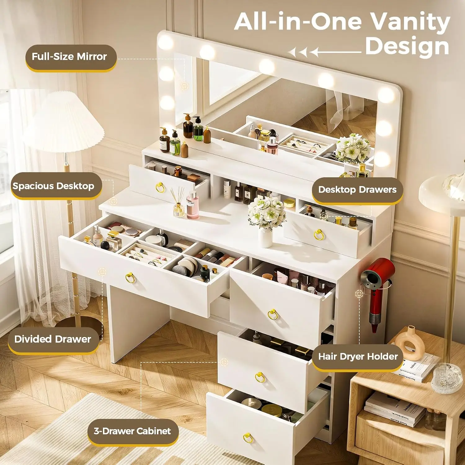 Makeup Vanity Desk with Mirror and Lights, Vanity Table with Divided Drawer and Storage Cabinet, 32In Full Size Mirror