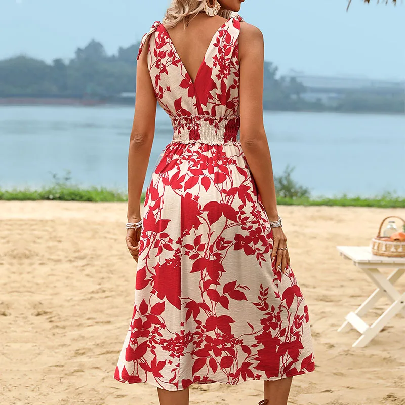 Benuynffy Floral Print V-neck Tie Shoulder Women's Summer Dress 2024 Shirred Waist Sleeveless A-line Bohemian Vacation Dresses