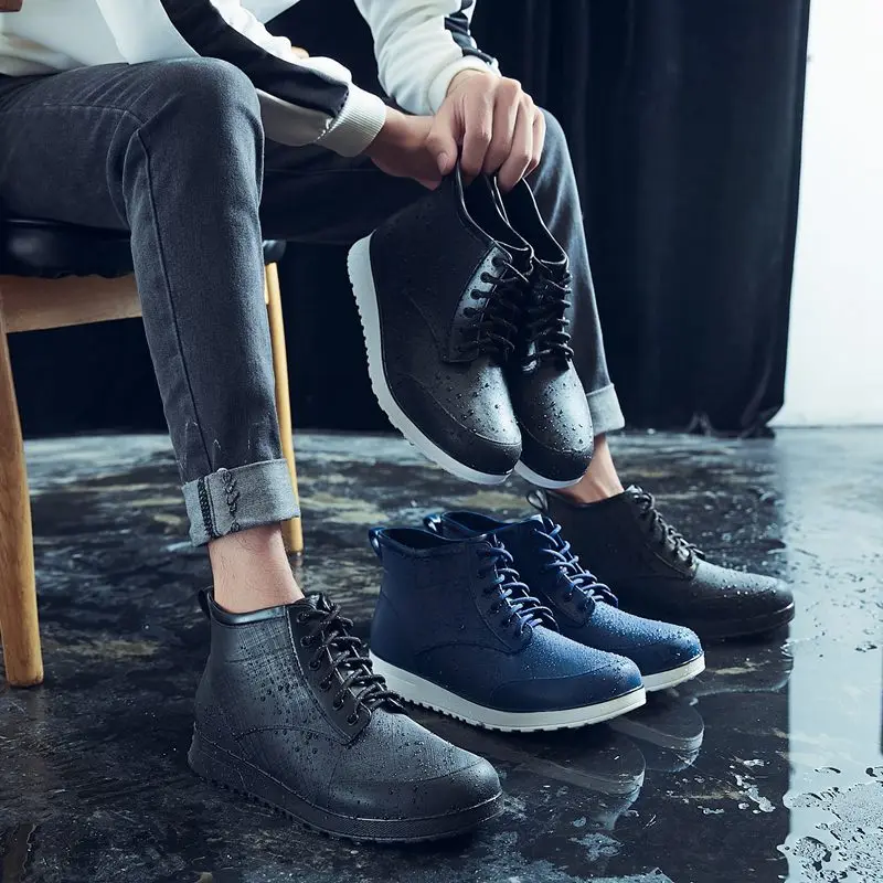 

Casual Fashionable Short Rain Boots Women's Anti-slip Lace-Up Boots Waterproof Car-Washing Shoes Men's Couple Water Shoes
