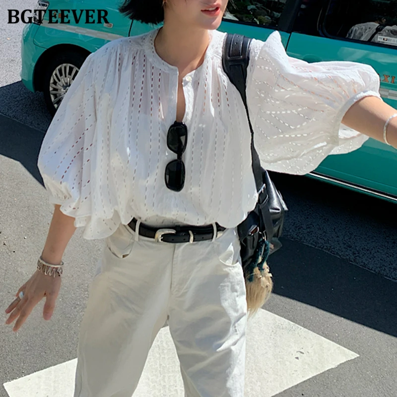 Bgteever elegante solto único breasted feminino oco para fora camisas brancas verão casual o-pescoço meia manga senhoras blusas topos