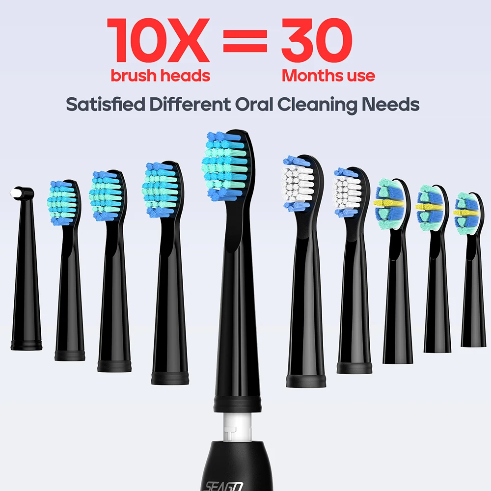 Seago Upgrade Electric Toothbrush Cup Holder 10 Pieces Brush Heads 5 Brushing Modes Adults Brush Black White