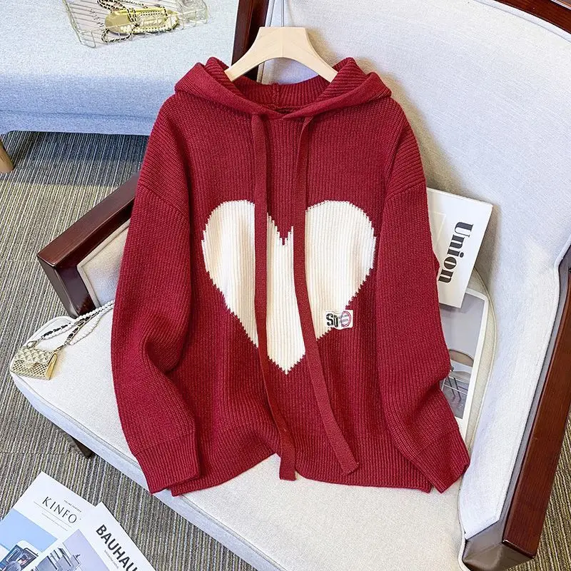 Autumn Winter Fleece Casual Drawstring Long Sleeve Pullovers Women Clothing Fashion Printing Pullover Knitting Hooded Sweater