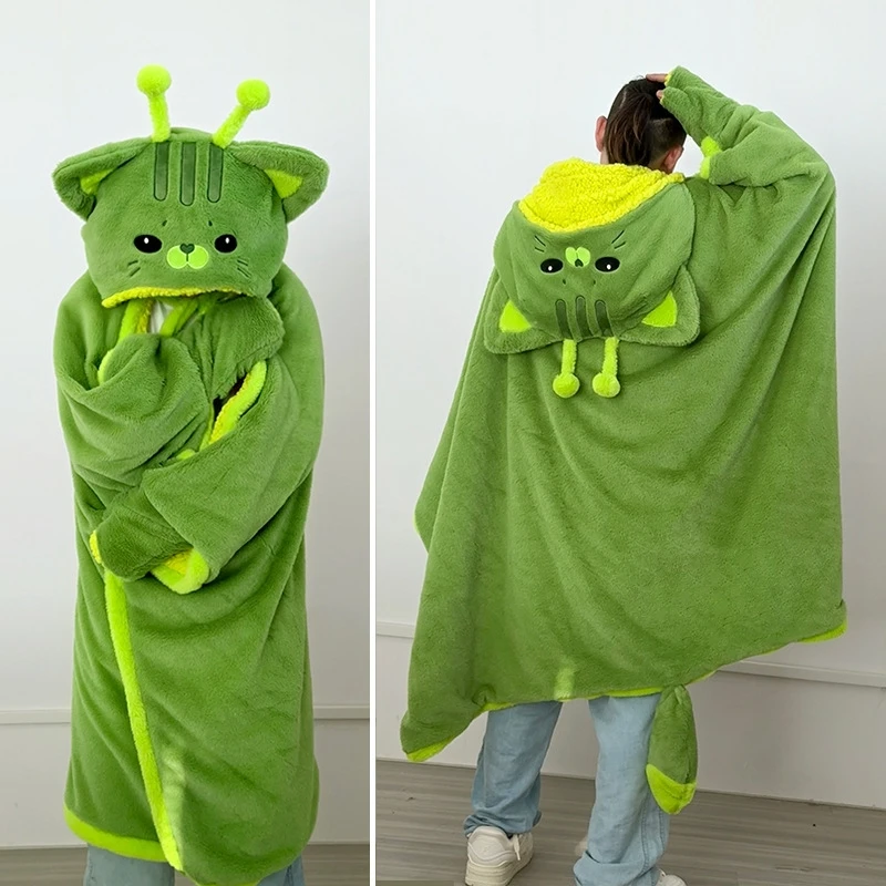 Cartoon Cute Alien Cat Hooded Blanket Plush Cloak For Winter Green Flannel Wearable Robe With Gloves Home Office Nap Girls Gifts - view 2
