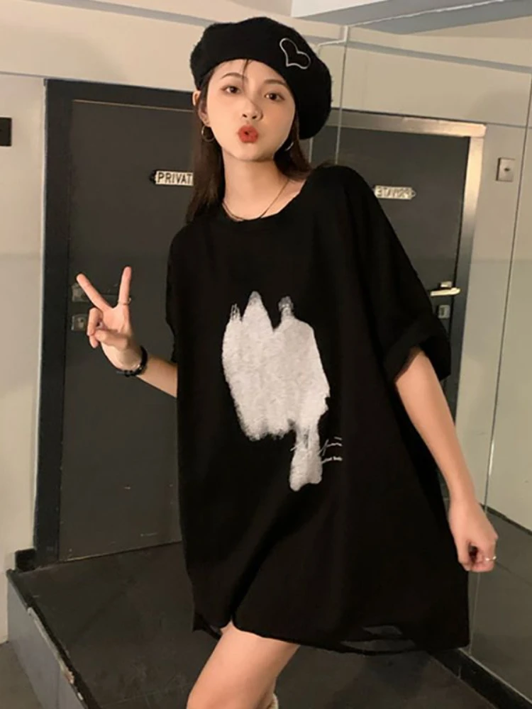 L-4XL Ripped T-shirts Women Simple Printed Design Baggy Summer Long Tops Fashion College Ulzzang Streetwear Leisure Basics Ins