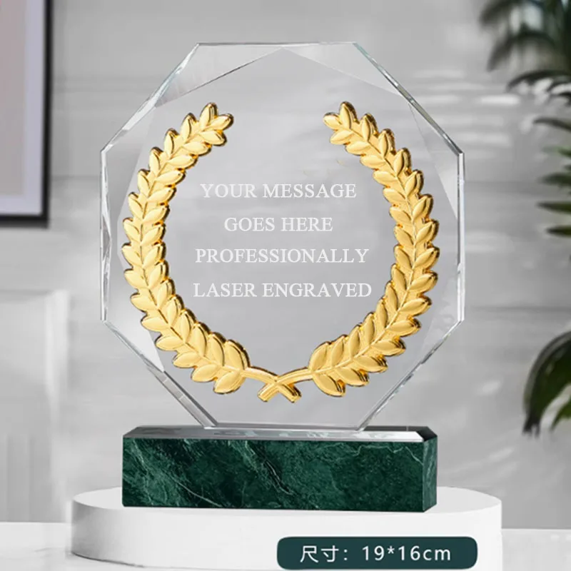 Crystal Glass Award Cup with Marble Base And Metal Wheat Patch Design Excellent Harvest Trophy Free Engraving
