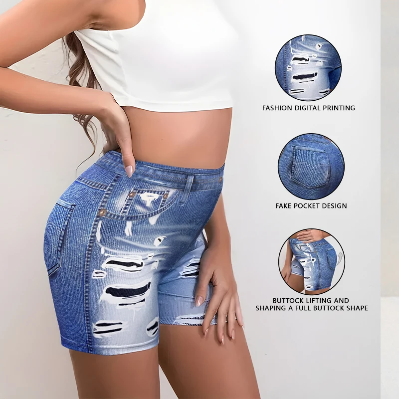 

Женские эластичные шорты-леггинсы с высокой талией, имитирующие джинсы, с принтом, для йоги, с эффектом пуш-ап, подтягивающие ягодицы, с имитацией карманов, с эффектом потертости, для спортзала, летние