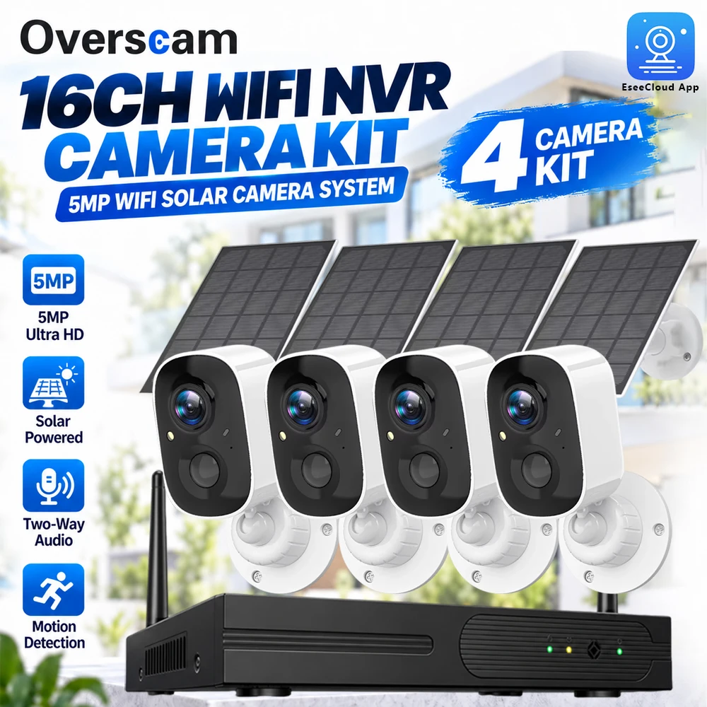 5MP Solar WiFi Security Cameras Kit Wireless Outdoor 16CH WIFI NVR PIR Detection Two Way Audio CCTV Video Surveillance System