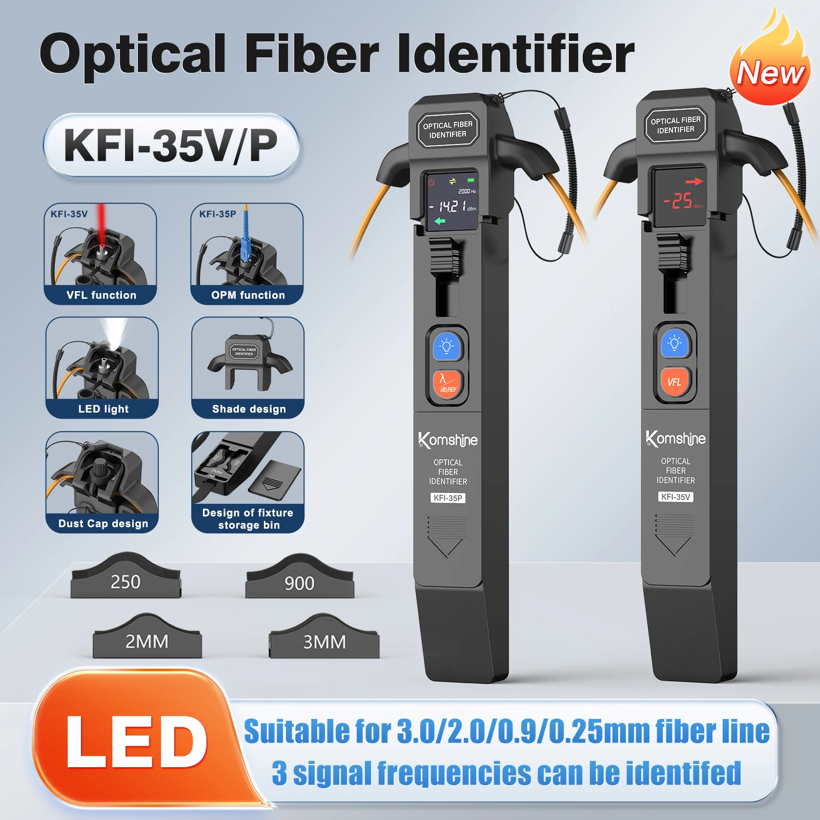 2023 New Design Fiber Optic Trafic Identifier Komshine KFI-35/45 With 10MW VFL, Power Meter Function + LED Light