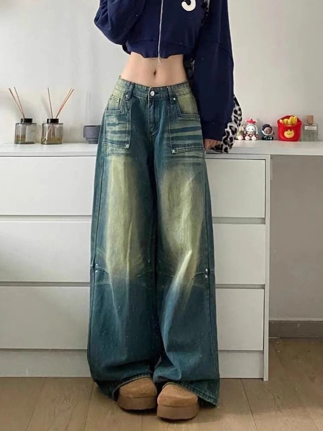 High Waist Wide Leg Denim Jeans Women's Fashion Retro Washed Loose Fit Slimming Floor-Length Pants American Style Pure Color