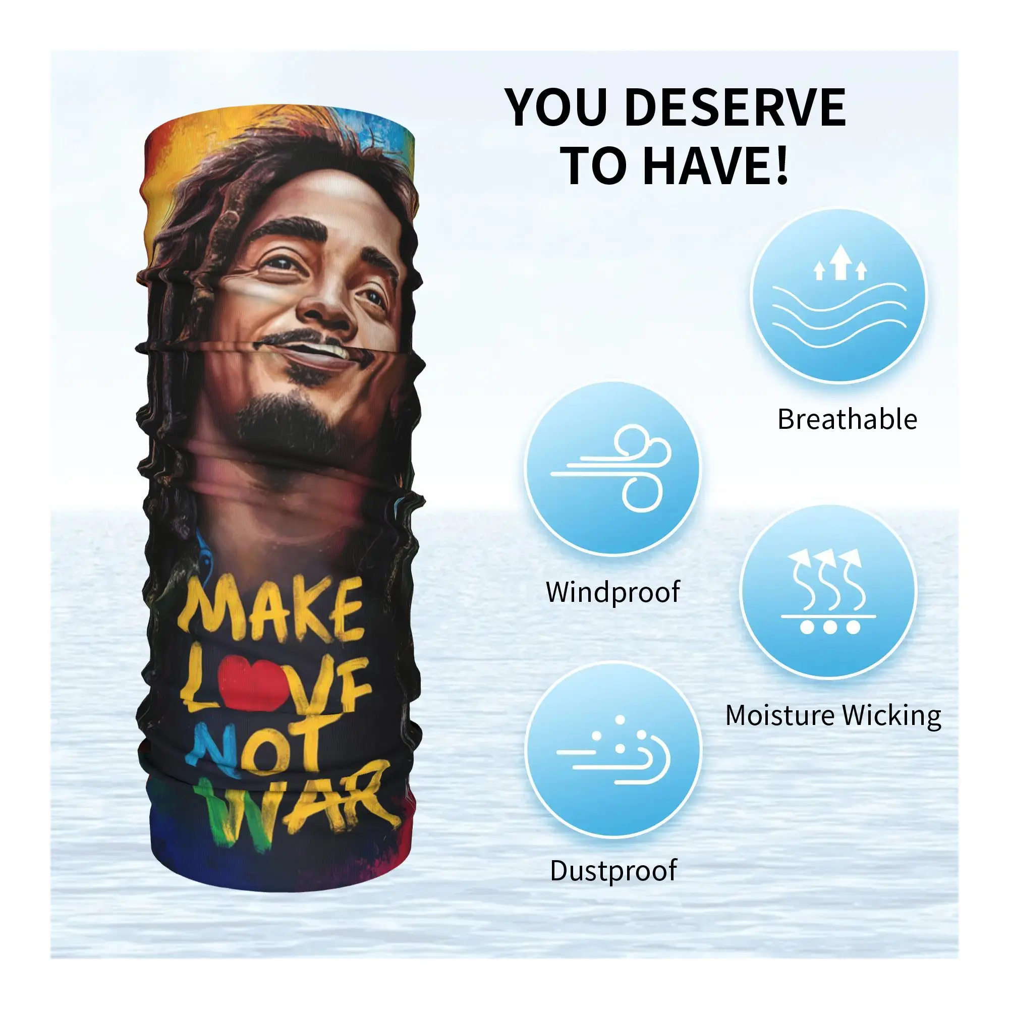 بوب مارلي الريغي باندانا الرقبة الجراب مطبوعة التفاف وشاح متعدد الوظائف بالاكلافا المشي لمسافات طويلة الصيد للجنسين الكبار يندبروف