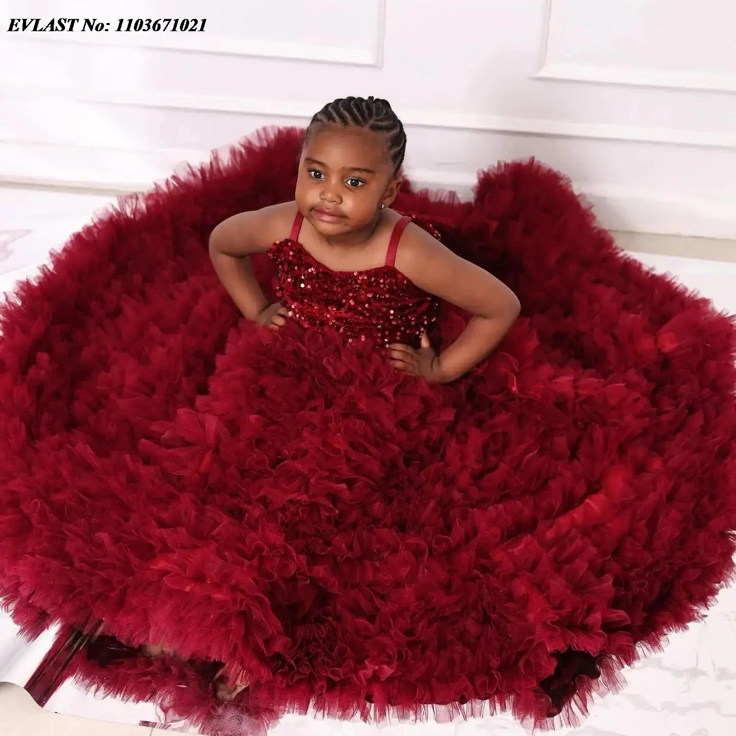 EVLAST Customized Burgundy Flower Girl Dress Wedding Tiered Ruffles Tulle Girls Pageant Kids Birthday Holy Communion Gown FD77