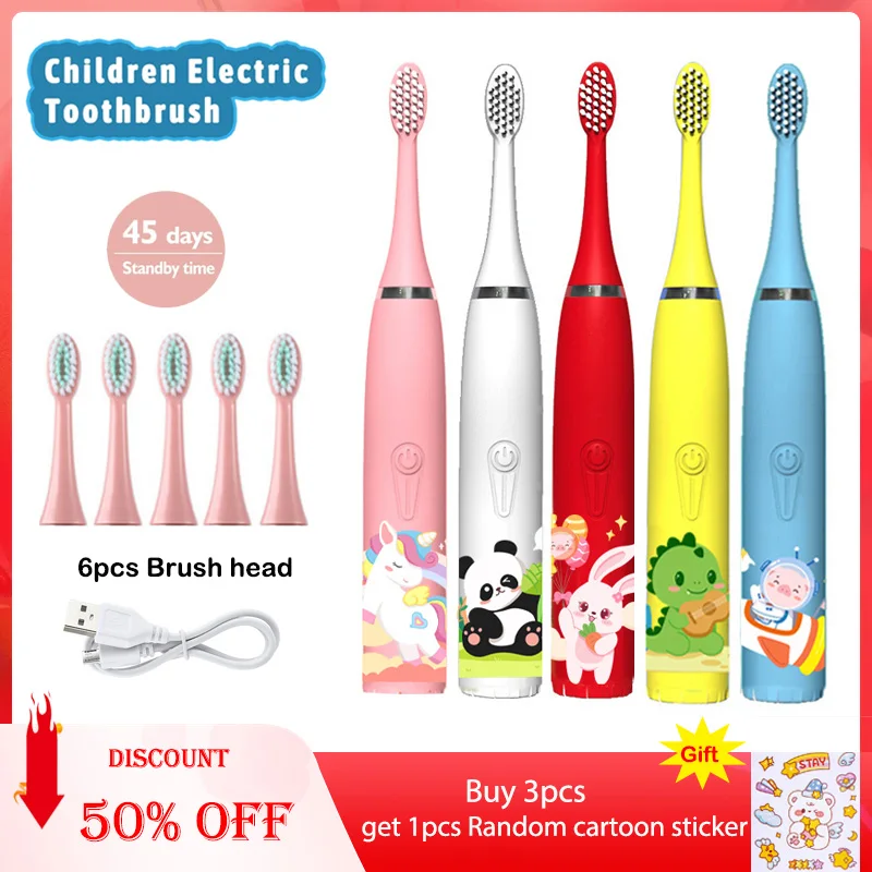 Sonic Electric Toothbrush For Kids Cartoon Colorful IPX7 Waterproof With Replacement Heads Cleaning Automatic Rechargeable Brush