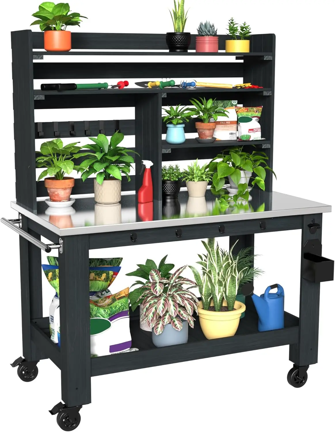 

Potting Bench Table Large Outdoor Kitchen Island Prep Station with Stainless Steel Top Waterproof Cover, Hardwood, 66.9" H