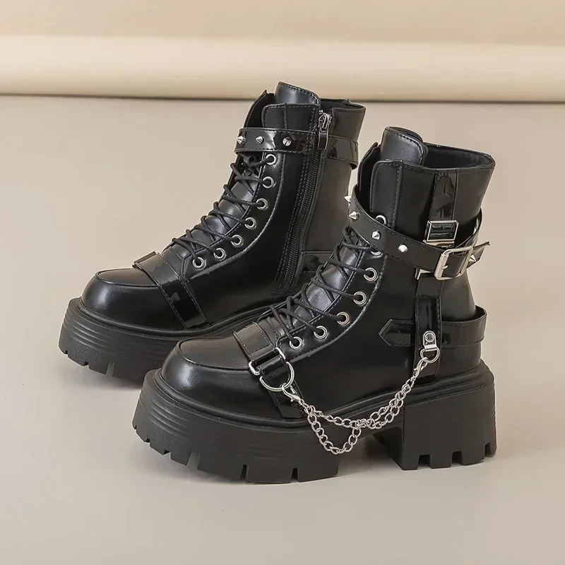 

Fashion New Women's Biker Boots Patent Leather Breathable Zipper Lolita Platform Boots Autumn New Retro Gothics Botines Chelsea