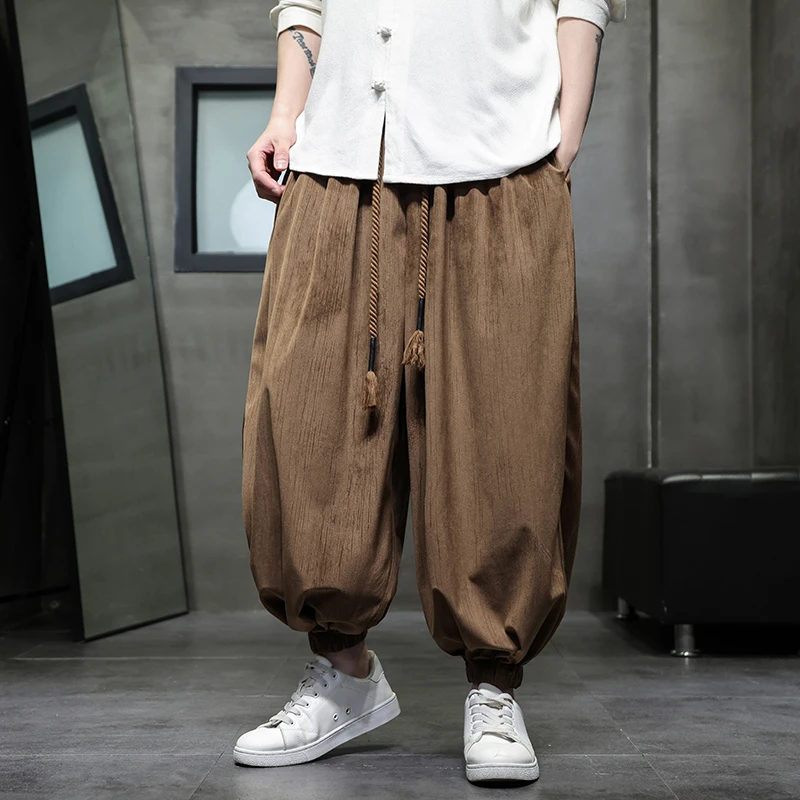 Chinese Style Men Wide Leg Pants Men Elastic Waist Loose Trousers Men Streetwear Casual Joggers Vintage Oversized Long Pants