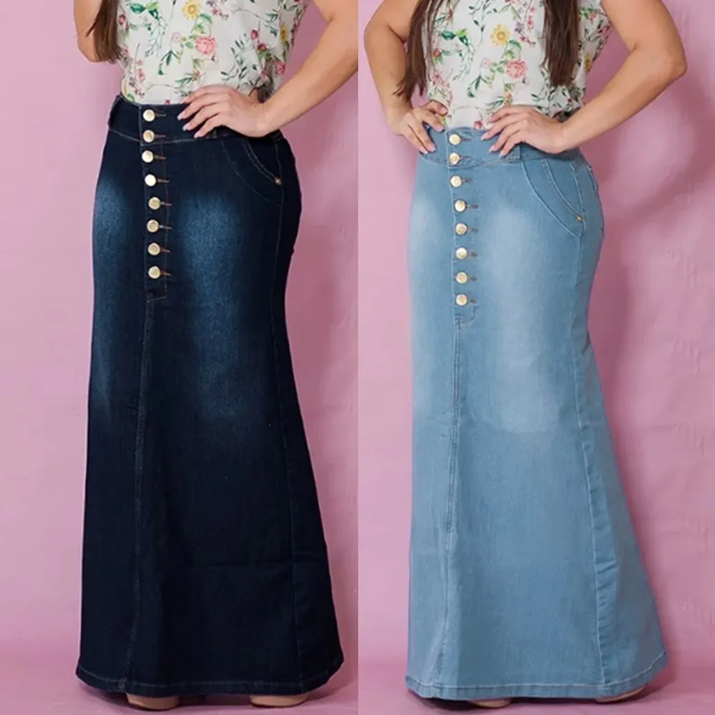 

Front Button Washed Denim A-line Skirts For Teen Girls High Waisted Long Jean Skirt For Women Midi Length Faldas Mujer Moda 2024