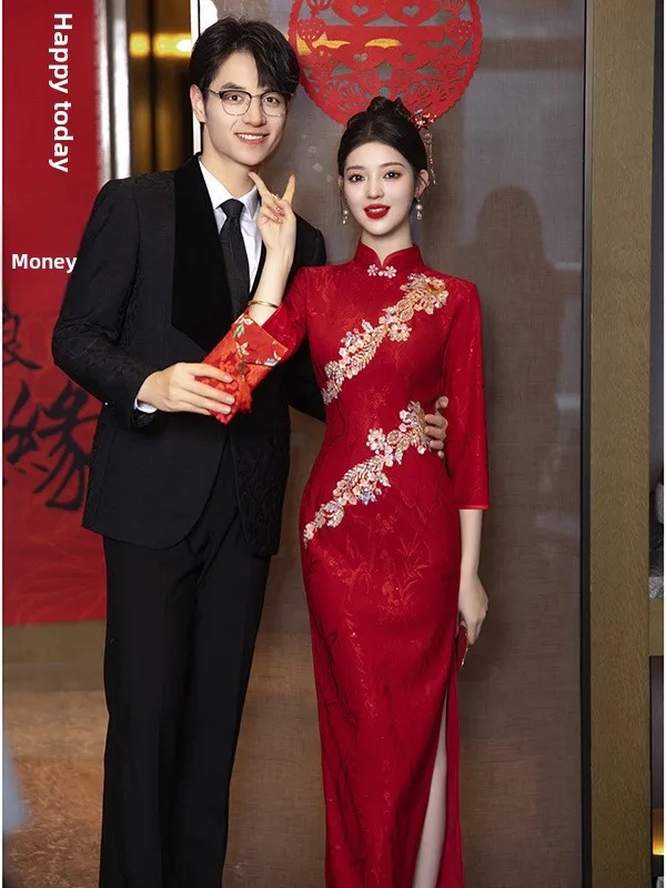 

Spring Autumn New Sle Red Wedding Dr Long Qipao Slimming Ceremony Dr Chinese Sle Wedding Gown for Brides