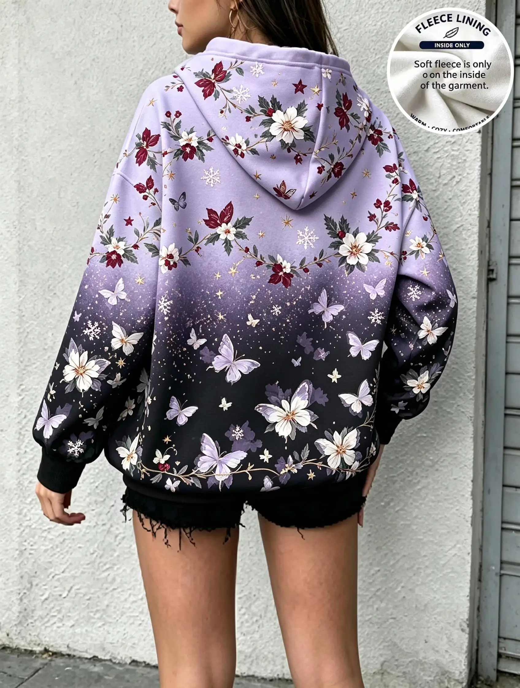 Women Gradient Purple Black Floral Butterfly Snowflake Fleece Hoodie Back Print Pocket Sweatshirt