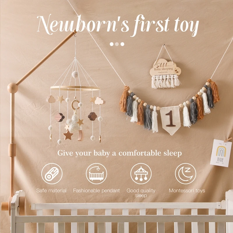 Baby Bed Bell 0-12 Months Crib Mobile Rattles Toys Musical Box Holder Arm Toy Wood Grain Infant Bed Decoration Baby Bed Toy Gift