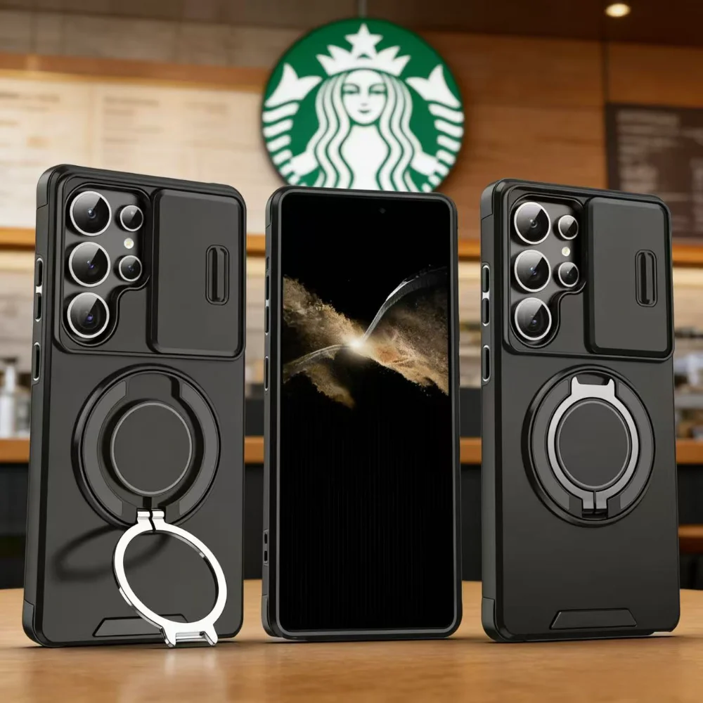 Armor Magnetic Bracket Case For Samsung Galaxy S25 S24 S23 S22 S26 Ultra Plus With Lanyard Slide Camera Protect Shockproof Cover