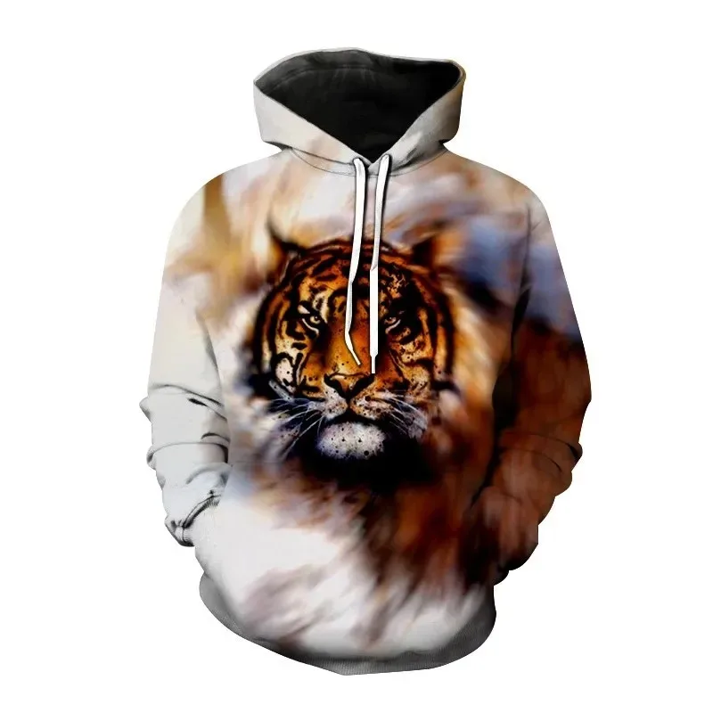 

2025 New Men's Tiger Pattern Sports Shirt 3D Printed Pocket Loose Long Sleeve Street Trendy Polyester Fiber Hoodie
