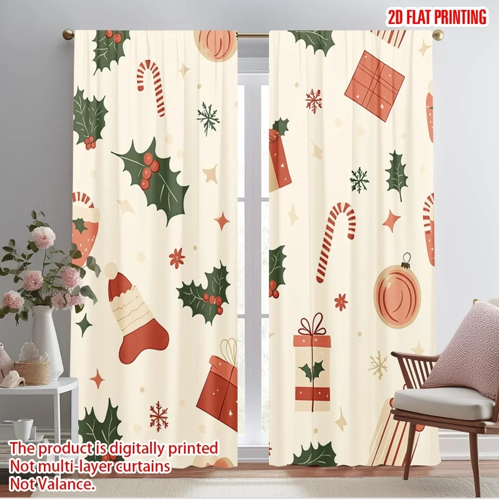2pcs,2D plane printing Curtains Digital Printed Christmas Baubles Candy Canes Gifts (3) Versatile Polyester Fabric (without rod)