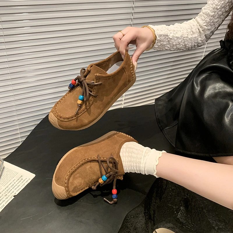 Fashion Colored Beads Lace Up Casual Shoes Women 2025 Autumn Comfort Round Toe Sneakers Soft Non Slip Stitching Decoration Shoes