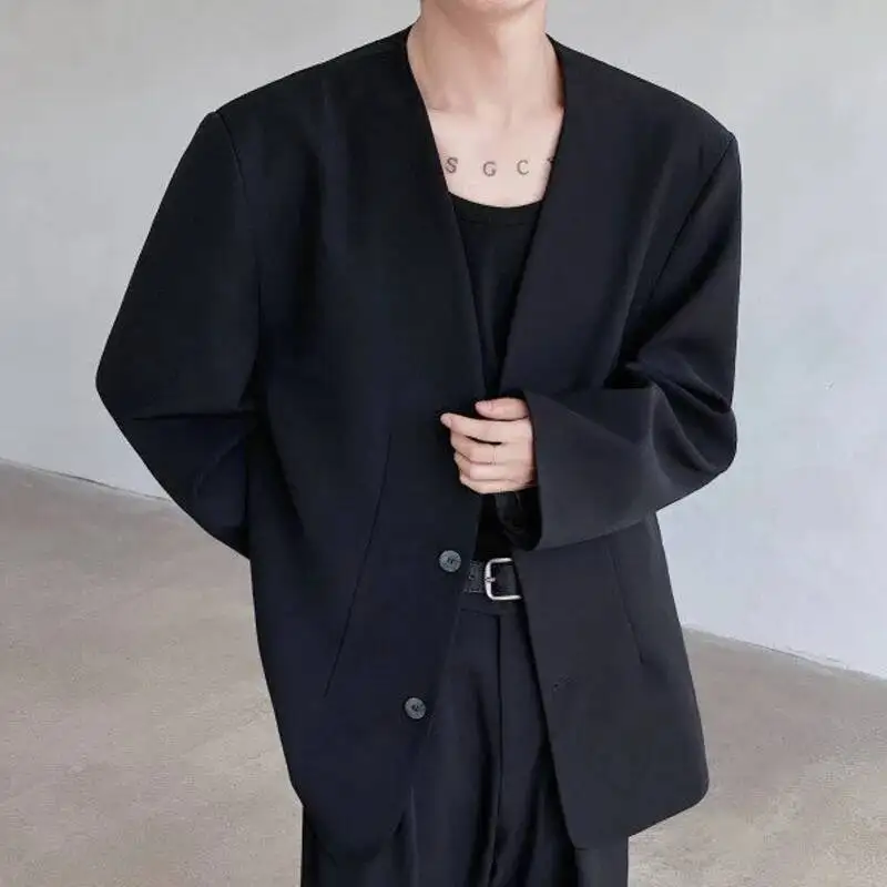 WTHT Trendy Men's Shoulder Pads Solid‘ Color Loose Blazer Coat Fashion 2025 Summer Double Buckle Long Sleeves Jacket Male 2A0523
