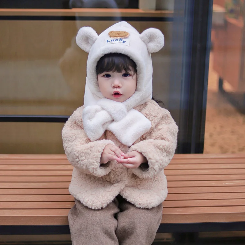 겨울 아기 플러시 스카프 모자 일체형 따뜻한 헤드기어 귀여운 곰 아이들 귀 보호 캡 1-5세 어린이 크로스 넥커치프 비니