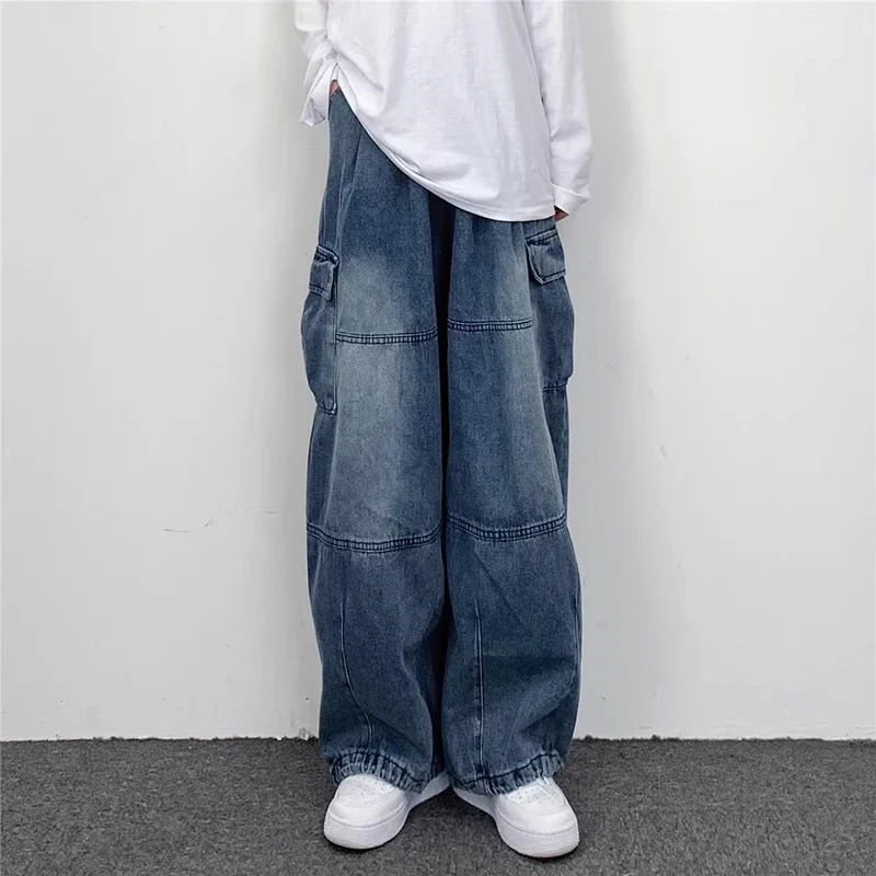 QWEEK Y2k Vintage Baggy Jeans for Women Autumn Loose Pockets Elastic Waist Denim Wide Leg Pants Japanese Streetwear Trousers