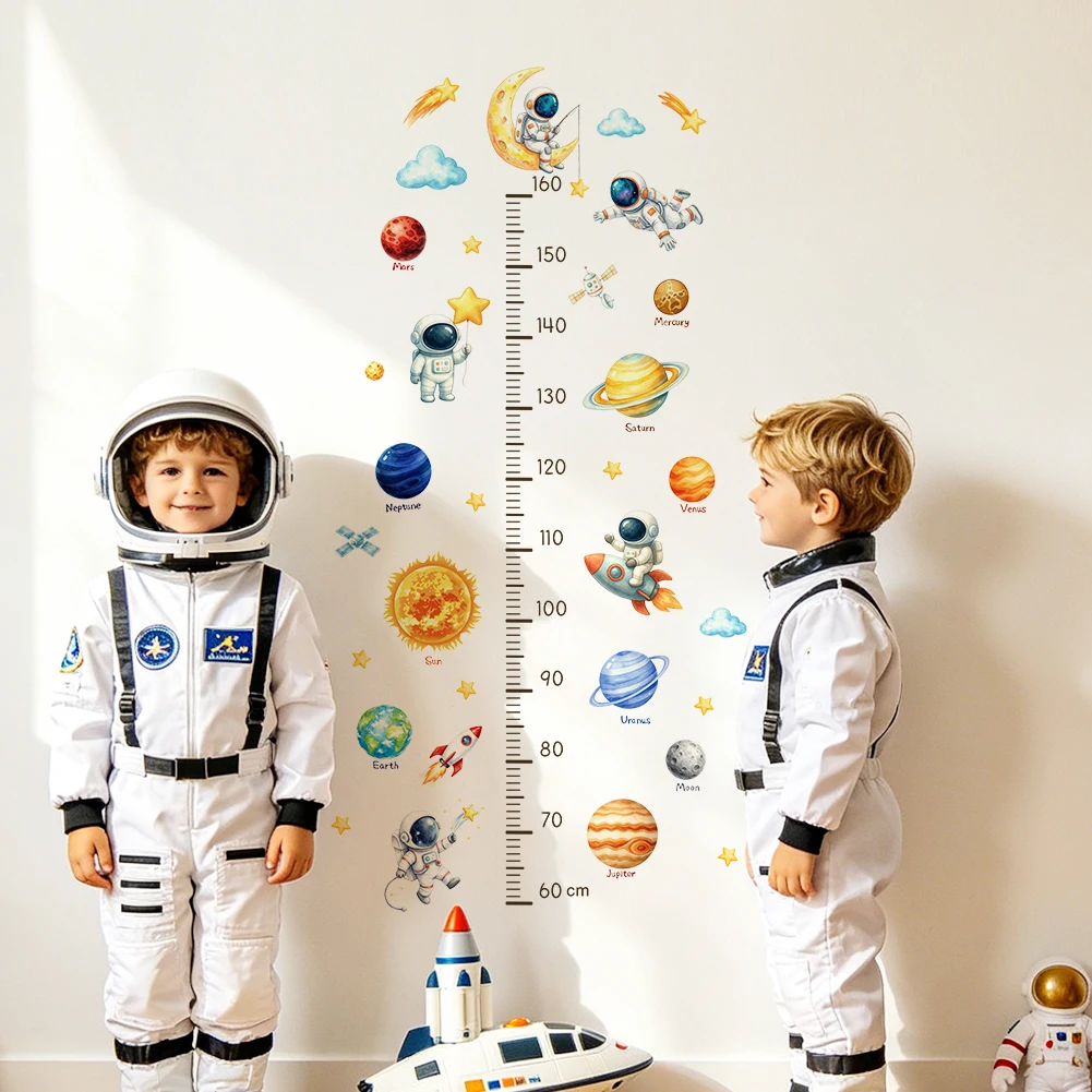 Watercolor Solar System Planets Height Growth Chart Wall Sticker Space Astronaut Nursery Decal Removable Decor