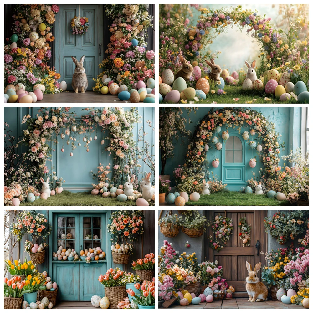 Spring Easter Photography Backdrop Vintage Wooden House Colorful Flower Eggs Rabbit Bunny Kids Party Decoration Photo Background