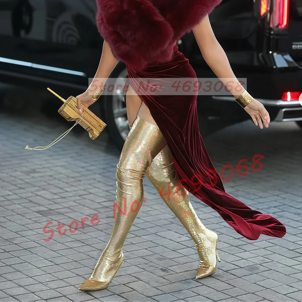 

Gold Glitter Stretch Thigh High Boots Women Trendy Sexy Pointy Toe High Heels Shoes Ladies Shimmer Luxury Feminine Sequin Boots
