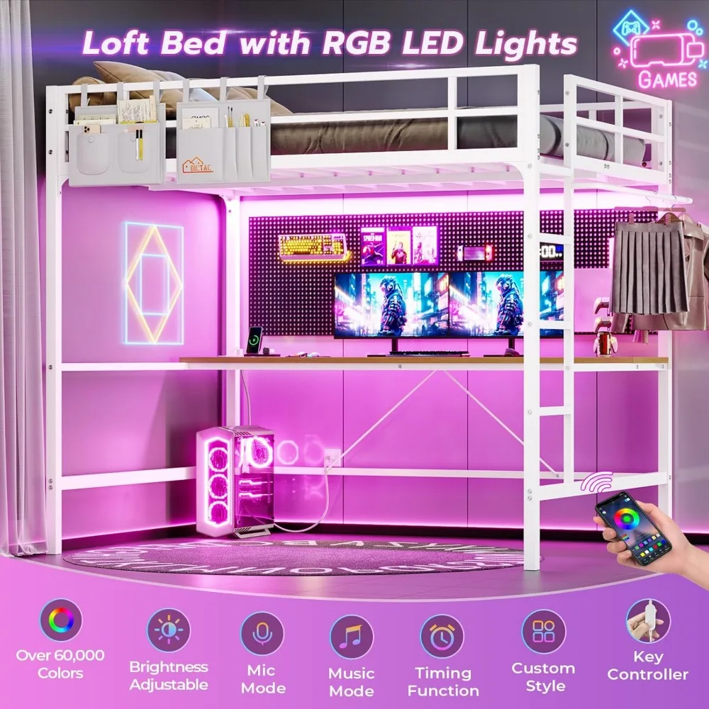 سرير علوي معدني كامل الحجم مع مكتب وأضواء LED ومخرج طاقة ومساحة تخزين للمراهقين والكبار