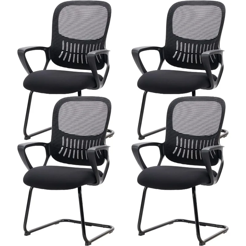 Home Office Desk Chair No Wheels Set of 4, Ergonomic Executive Sled Base Mesh Computer Chairs with Comfy Arms and Lumbar