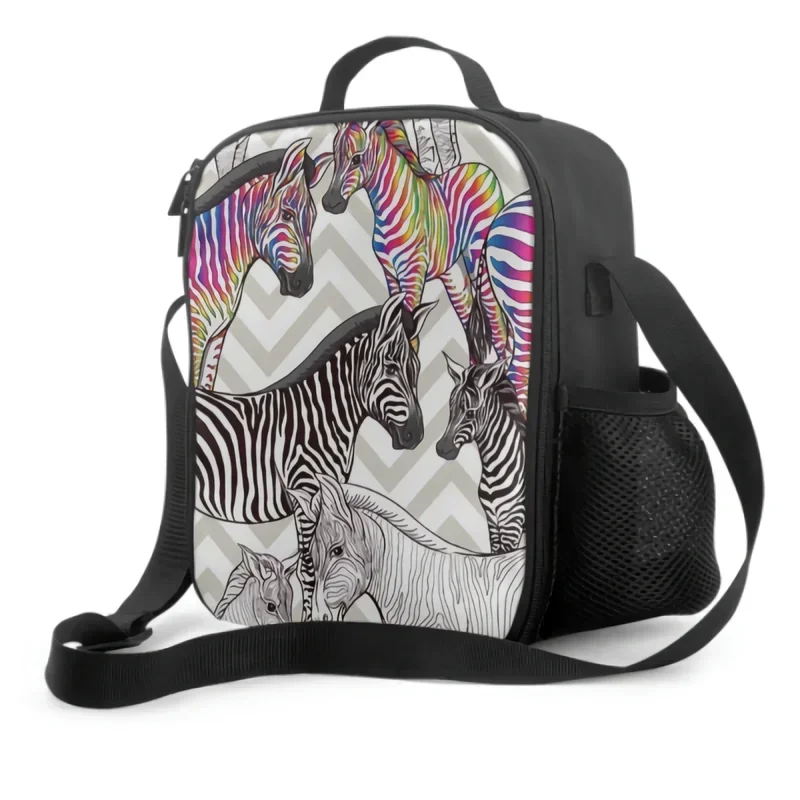 Rainbow striped zebra insulated lunch box leakproof portable lunch bags with adjustable shoulder strap reusable cooler tote bag