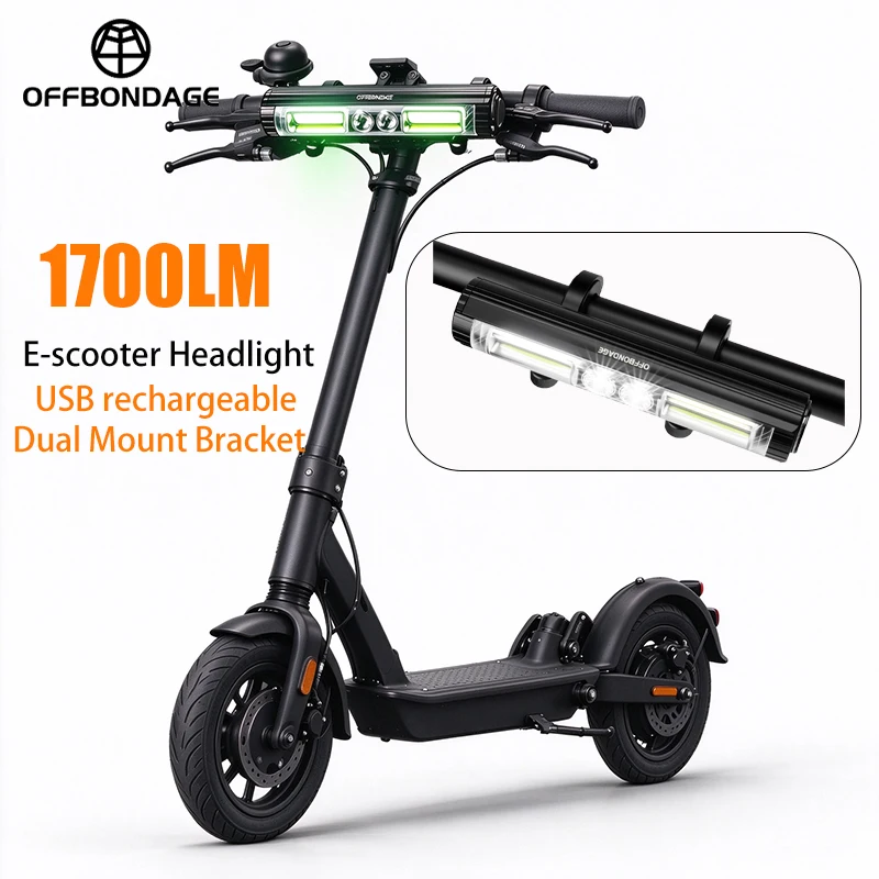 OFFBONDAGE 1700LM E-scooter Headlight Rechargeable 5 Light Modes Dual Mount Bracket Digital Power Display IPX6 Waterproof