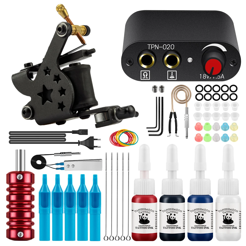 Tattoo Machine Gun Set for Beginner Tattoo Kit with 4 Colors Ink Cartidge Needles Permanent Pigment Complete Tattoo Body Art Kit