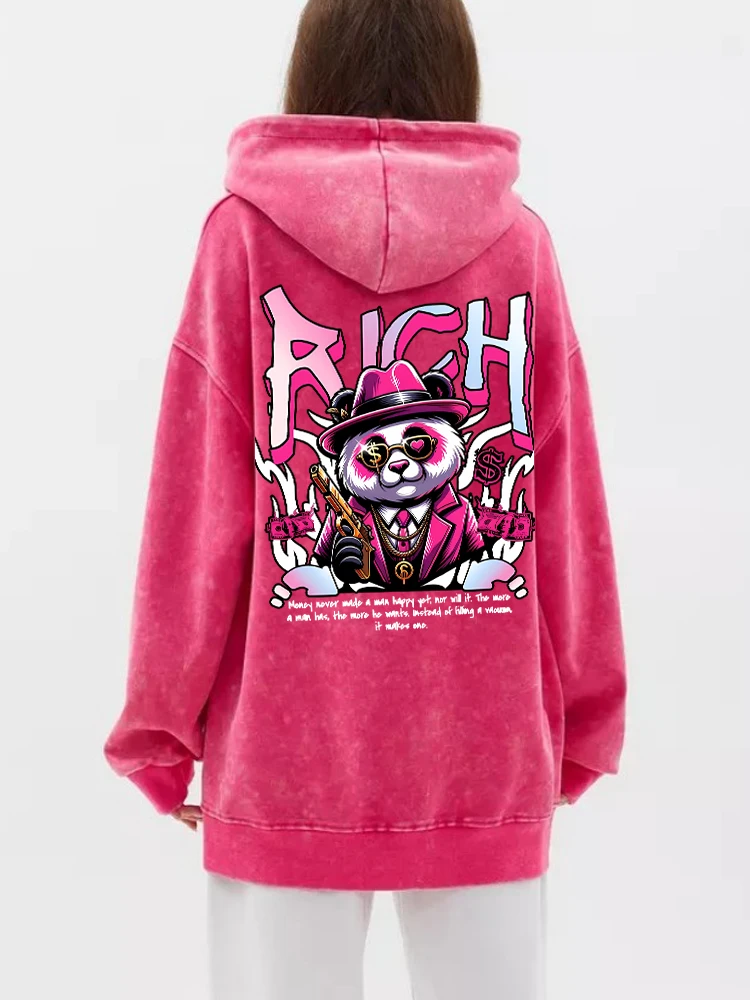 Vintage Womans Acid Wash Hoodies Rich Cartoons Panda Printing Pullovers Pocket Oversize Cotton Hooded Fashion Female Clothes