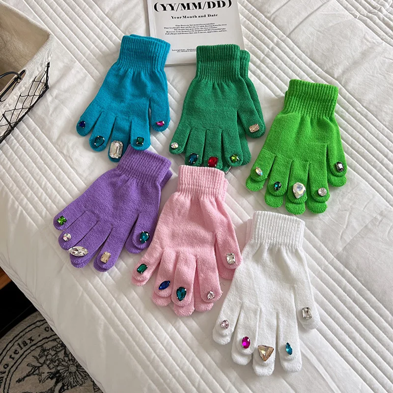 Winter Gloves Funny Color Diamond Mittens Autumn Winter Thicken Cold-proof Five-finger Gloves Women Fashion Knitted Warm Gloves