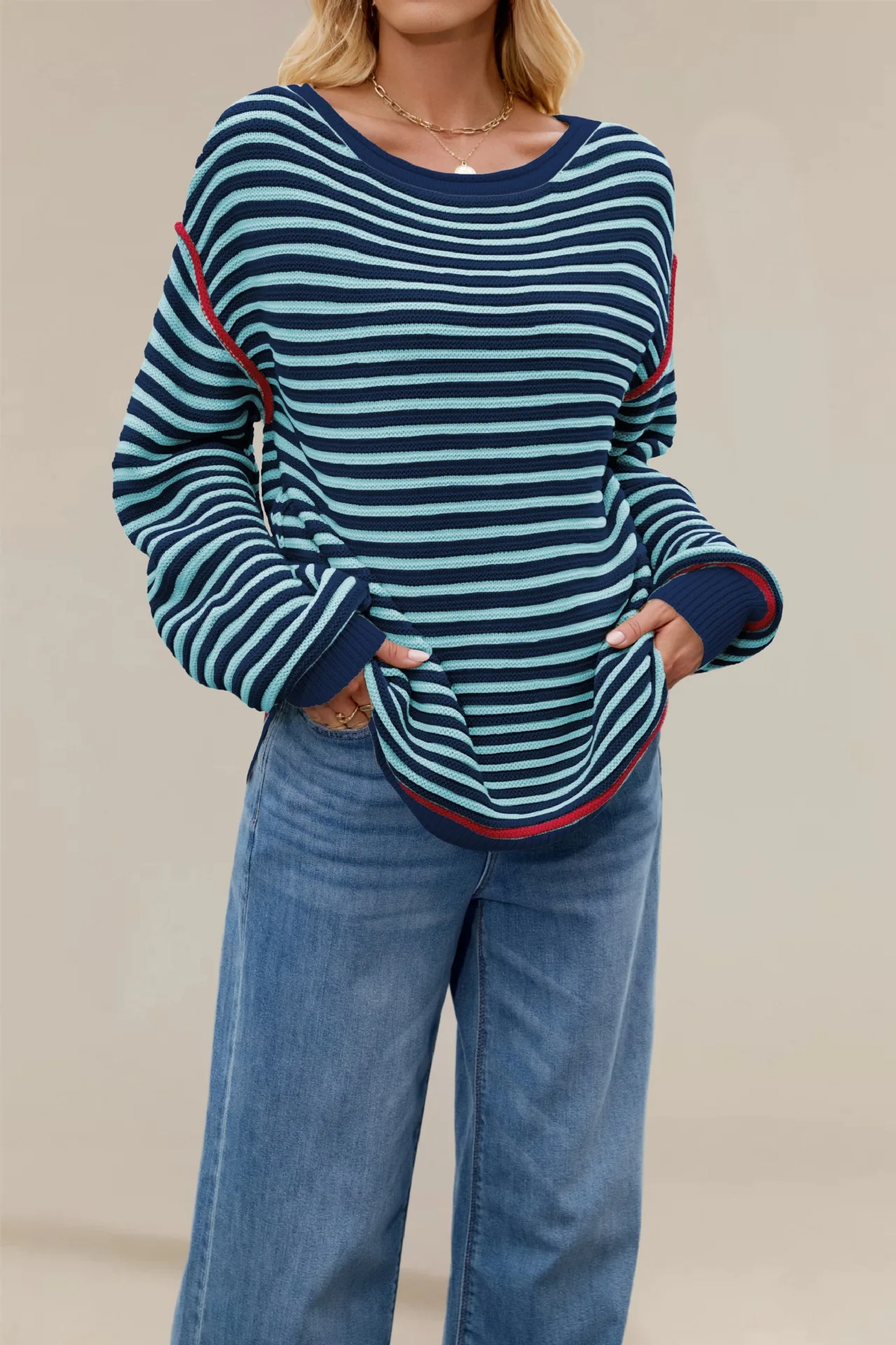 2025 New Ropa De Mujer Autumn And Winter Striped Knitted Tops For Woman Round Neck Pullover Loose Long Sleeved Commuting Sweater
