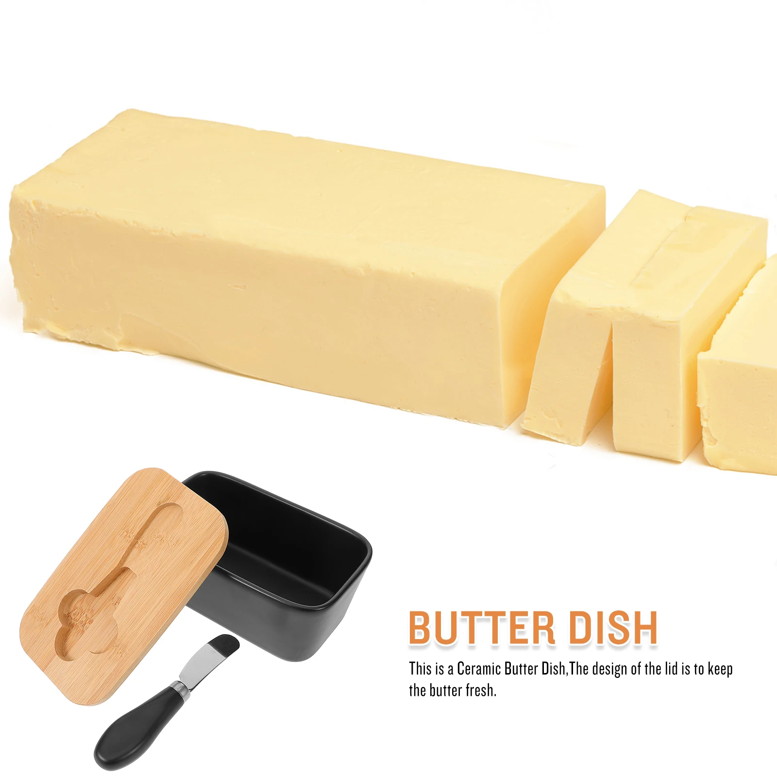 

Ceramic Butter Dish Kitchen Holder Wooden Lid Cutter Easy Clean Elegant Design Home Party Restaurant Storage Container