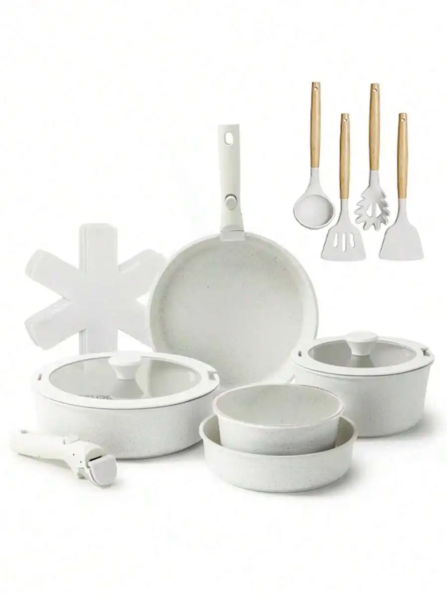 17 Piece Non-Stick Ceramic Cookware Set, Newly Upgraded Button-Type Detachable Handle, Oven 480°F, Induction Compatible, All-In-