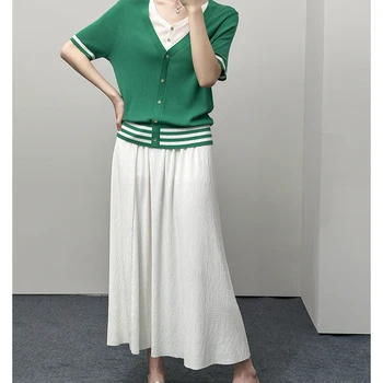 우아한 니트 티셔츠 환상 투피스 세트 여성 여름 멋진 실크 레이저 컷 반팔 탑 여성용 캐주얼웨어