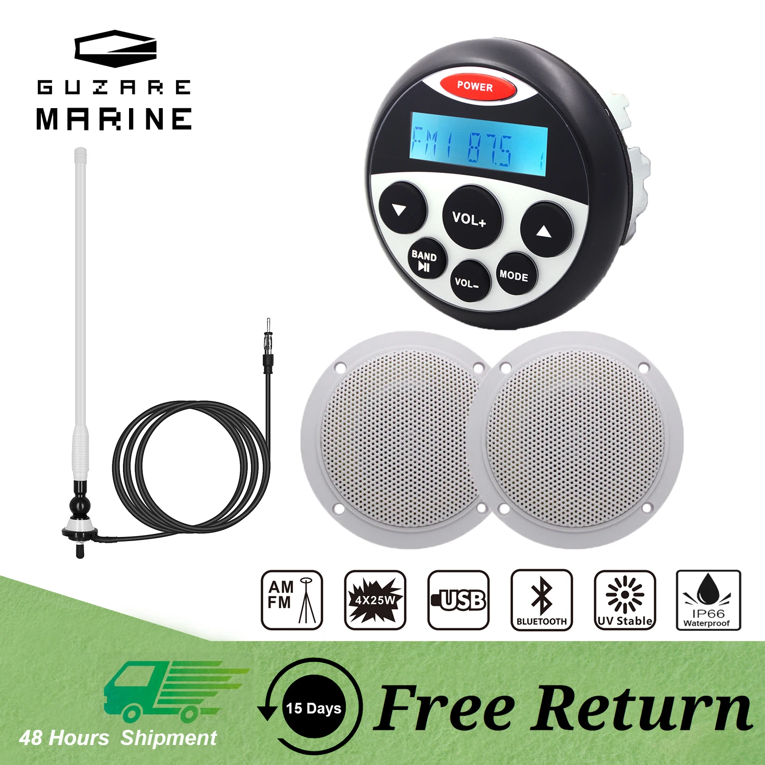 

GUZARE MARINE Stereo Radio USB Bluetooth + 2Pcs 4inches Waterproof Boat Speakers Audio + FM AM Antenna White for UTV ATV Boats