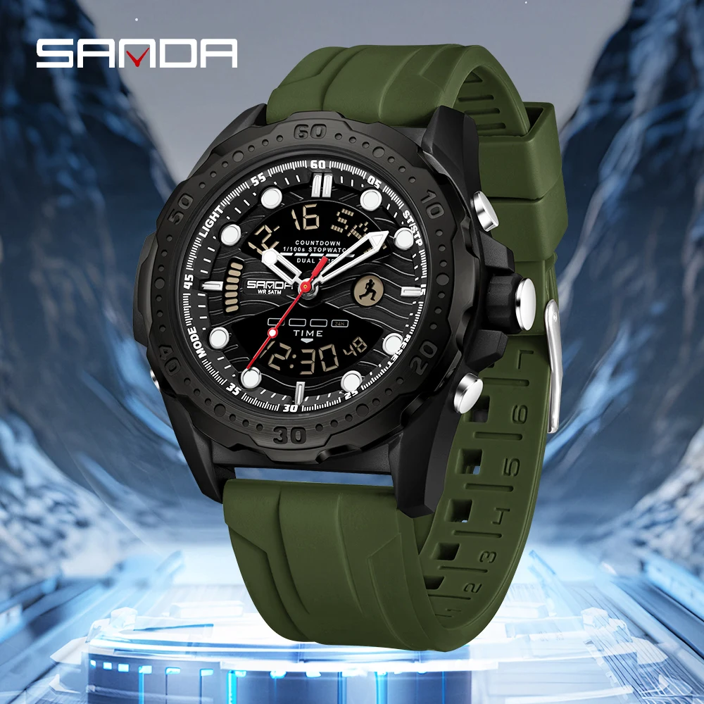 

Мужские спортивные кварцевые часы SANDA 2026: новые, модные, водонепроницаемые, с LED-дисплеем, силиконовым ремешком, цифровые, в стиле милитари