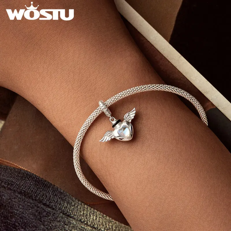 WOSTU 925 Sterling Silver Pet Memorial Urn Ashes Pendant Opened Heart Dangle Charm Paw Wings Fit Original Bracelet Customizable