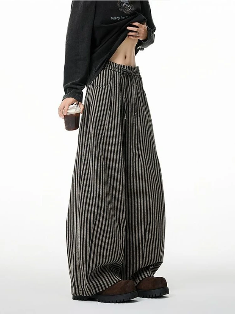 Deeptown Black Striped Women Man Pants Harajuku Wide Leg American Retro Oversize Straight Trousers Casual Japanese 2000s Style