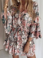 Spring Summer New Fashionable Printed Dress Sexy V-neck Lace Up Flared Sleeve Lace Up Mid Waist Pleated Short Dress